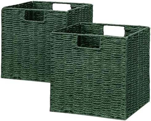 Vagusicc Wicker Storage Basket, Set of 2 Hand-Woven Paper Rope Wicker Baskets, Foldable Cube Storage Bins, Square Storage Baskets for Organizing Shelves & Decor, Green (11″×11″×11″) by Vagusicc