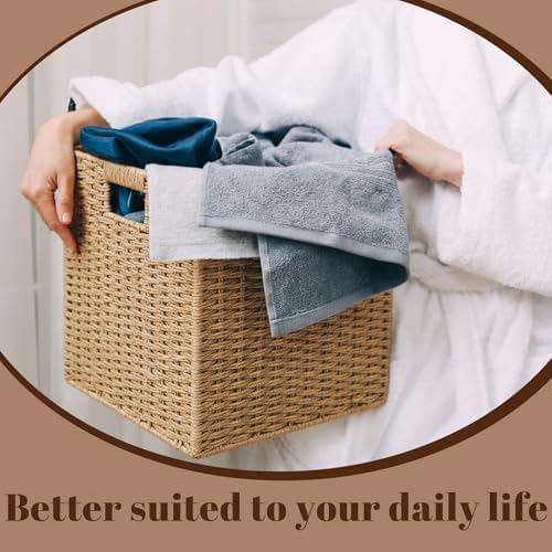 Newtay 6 Pcs Wicker Storage Baskets 12.2 x 12.2in Cube Storage Bin Organizer Camel Square Foldable Wicker Baskets for Shelves Organizing Decor Laundry Pantry Toys - Image 6
