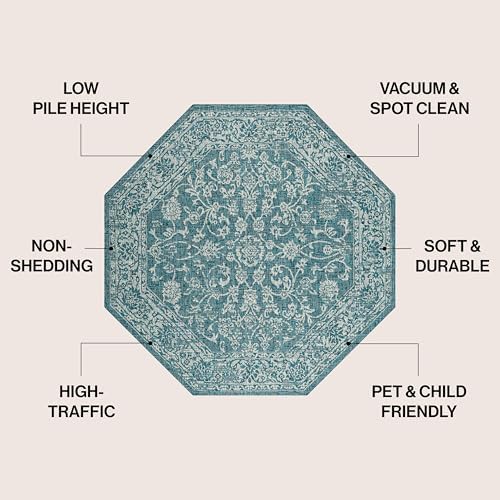 JONATHAN Y Weave Floral Indoor Outdoor Octagon Area Rug 8 Ft Teal/Gray, Tela Bohemian Textured for Backyard, Patio, Porch, Easy-Cleaning, High Traffic, Pet-Friendly, Non-Shedding (SMB100C-8TGN) - Image 2