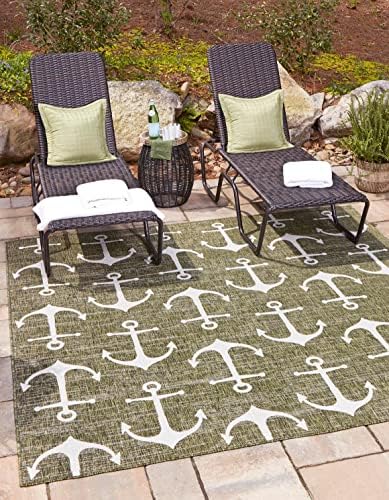 Unique Loom Outdoor Coastal Collection Area Rug - Ahoy (5' 3" Square, Green/ Ivory) by UniqueLoom