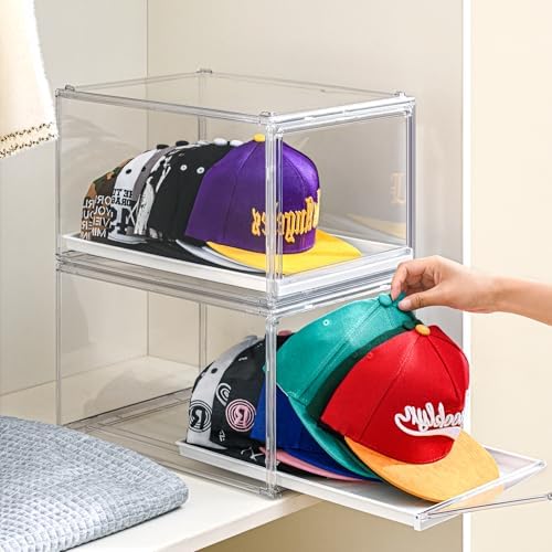 2Pack Ultra Clear Hat Organizer Drawer for Baseball Caps Storage, Heavy Duty Box Stackable with Magnetic Door Dustproof for Closet by AxidouOfficialStudio