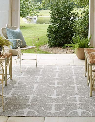 Unique Loom Outdoor Coastal Collection Area Rug - Ahoy (7' 1" x 10' Rectangle, Gray/ Ivory) - Image 4