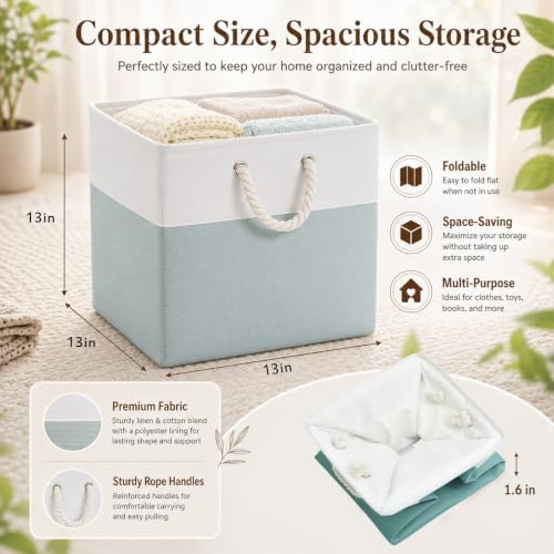 6 Pack 13x13 Inch Cube Storage Bins Fabric Square Cube Baskets, Light Green - Image 2