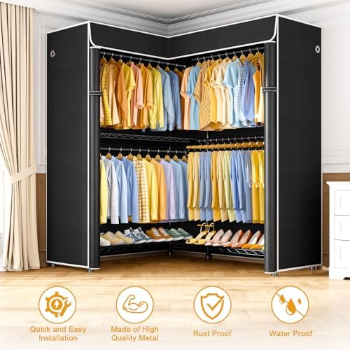 ULIFHOME E15C Pro Garment Rack L Shaped Clothes Rack for Corner，Freestanding Clothing Racks for Hanging Clothes，Heavy Duty Closet System 48.8"W x 15.8"D x 78.4"H，Black Rack with Black Dustproof Cover - Image 4