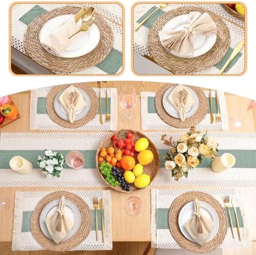 4 Sets Boho Placemat Table Runner Napkin Rings, Green, 12x72 - Image 5