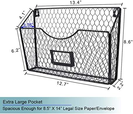 PAG-Mass 6 Pockets Hanging File Holder Wall Mount Mail Organizer Metal Chicken Wire Magazine Rack with Tag Slot, Black - Image 4