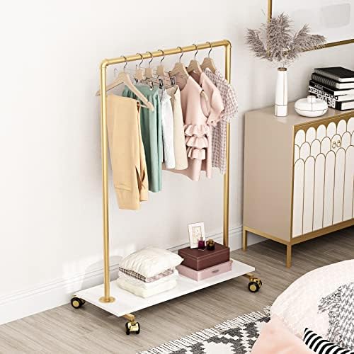 Gold Metal Clothing Rack with Wood Shelf, Heavy Duty Rolling Garment Rack with Wheels for Bedroom Retail Boutique Use (37.4L inches) - Image 2