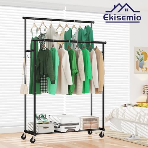 Ekisemio Double Rods Clothes Rack with Wheels Load 400 LBS, 45 Inch Rolling Clothing Rack for Hanging Clothes, Heavy Duty Garment Rack with Shelves, Metal Portable Closet, Black - Image 2