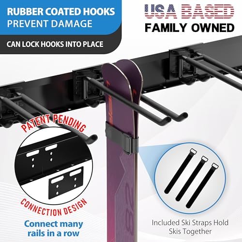 USA Based Ski Rack Wall Mount, Holds 10 Pairs for Ski Storage Rack, Snowboard Hanger & Ski Holders for Wall Storage Racks for Garage, Ski Hangers for Wall Holds Up to 125lbs, 5 Hooks Black - Image 2