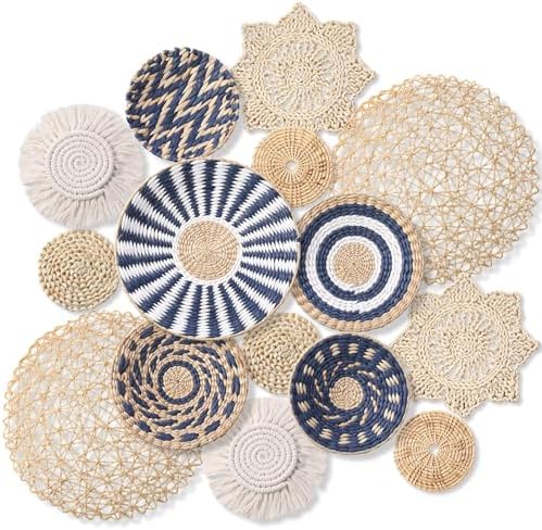 15 Pcs Boho Wall Basket Decor Woven Rattan Seagrass Wall Decor Hanging Rustic Farmhouse Western Art Decoration for Nursery Living Room Bedroom Home Kitchen(Blue Style) by Anglechic