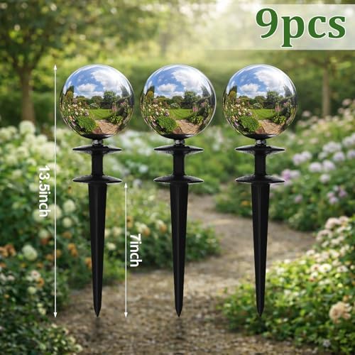 Tandefio 9 Pcs Garden Hose Guide Spike 13.5'' Decorative Ball, Silver - Image 3