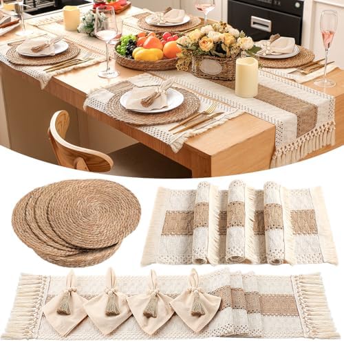 4 Sets Boho Placemat Table Runner Napkin Rings, Khaki, 12x72 by Gandeer