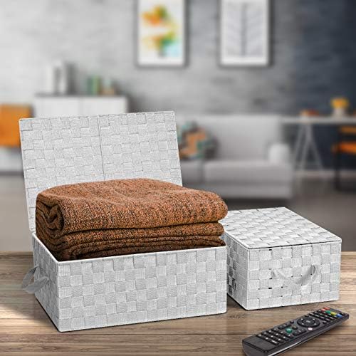 Sorbus Woven Storage Basket with Lid, Set of 3 (White) - Image 2