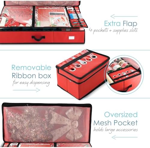 Hearth & Harbor Wrapping Paper Storage Container - Christmas Storage Bag with Ribbon Dispenser and Interior Pockets - Gift Wrap Organizer Fits Up to 26 Rolls of 40" Length, Red - Image 3