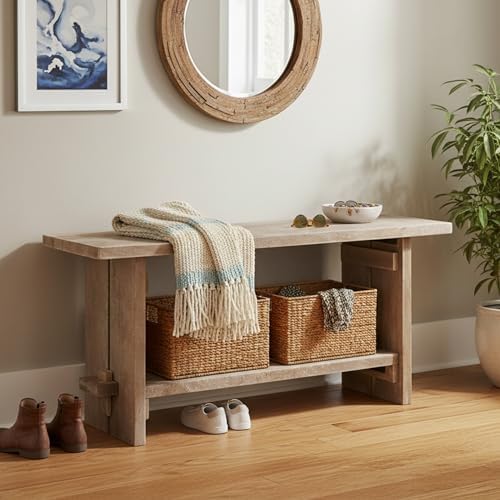 Alaterre Bethel Rustic Solid Wood Entryway Bench with Shelf, Driftwood by AlaterreFurniture