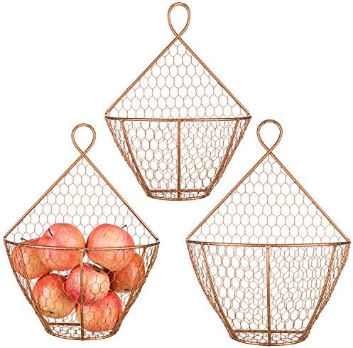MyGift Set of 3, Farmhouse Copper Metal Wire Mesh Wall Hanging Baskets, Wall-Mounted Storage Basket, Decorative Kitchen Fruit Wall Basket Produce Holder - Image 6
