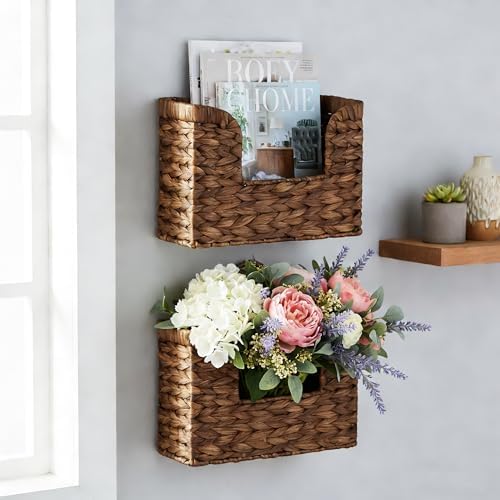Set of 2 Magazine Holder Wall Basket Water Hyacinth Woven Mail Organizer, Wicker Wall Hanging Baskets for Magazines, Letters & Storage Decorative Mail Holder, Magazine Rack, Hanging Basket, Coffee - Image 3