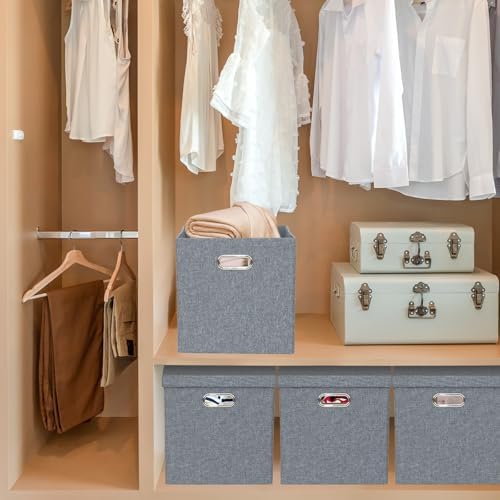 Storage Bins with Lids, Linen Fabric Boxes Organizer Containers with Lid Foldable Storage Box Basket for Closet, Shelves, Home, Office, 12 x 12 x 12 Inch, 4 Pack, Dark Gray, AG3006-7 - Image 7