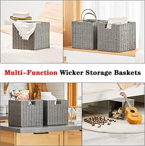 Vagusicc Wicker Basket, Set of 2 Hand-Woven Wicker Storage Basket, Foldable 11 inch Cube Storage Bins, Storage Baskets for Organizing Shelves, Closet Organizers and Storage Bins, Gray (11″×11″×11″) - Image 4