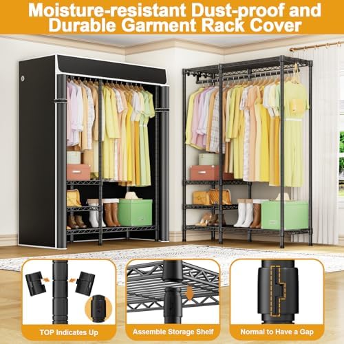Ulif F4C Heavy Duty Clothes Rack with Dustproof Cover，Freestanding Clothing Racks for Hanging Clothes，Adjustable Closet Organizer System，Portable Garment Rack 45"W*15.8"D*71.3"H，Max Load 600LBS，Black - Image 4