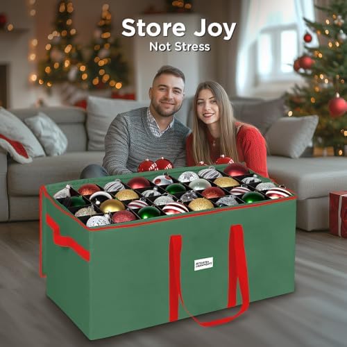 Christmas Ornament Storage Container,Box Stores Up to 128-3 inch ornaments, Adjustable Dividers, Large Organizer Bin to Protect and Store Holiday Décor - Green - Image 3
