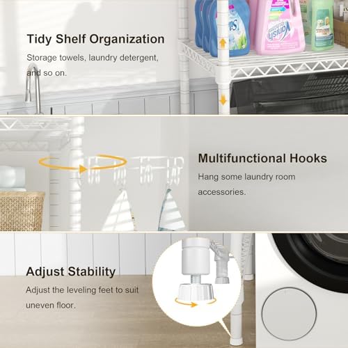 Ulif U8 Medium Laundry Room Storage Organizer, Over the Washer and Dryer Storage Shelves for Laundry Organization, 32.3”W x 17.3”D x 76.2”H, Suit Washing Machine Width within 29.9”, Hold 304 lb, White - Image 6
