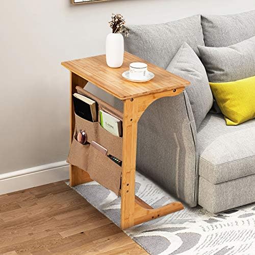 Tangkula Bamboo TV Tray Table for Living Room, Sofa Side Table, Snack End Table w/Storage Bag, C-Shaped Bed Side Table, Multifunctional Bedside Table for Home, Office - Image 2