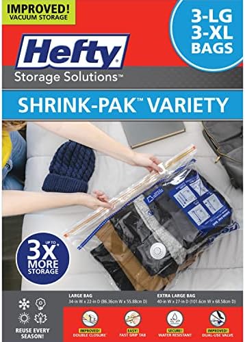 Hefty Shrink-Pak Vacuum Storage Bags - Space Saver for Under Bed Storage, Clothing and Comforters, Odor Resistant, 3X More Storage Space - 3 Large, 3 XL Bags (Pack of 18) by HeftyShrinkPak