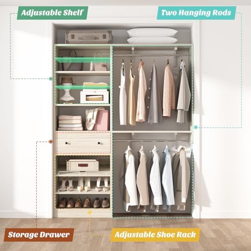 [10 FT Closet System] 120 Inch Reversible Set of 2 Wood Closet Organizer System with 2 Drawers, 4 Hanging Rods Adjustable Shelf, Walk In Closet Organizers with Shoe Rack, Garment Rack, White Oak - Image 6