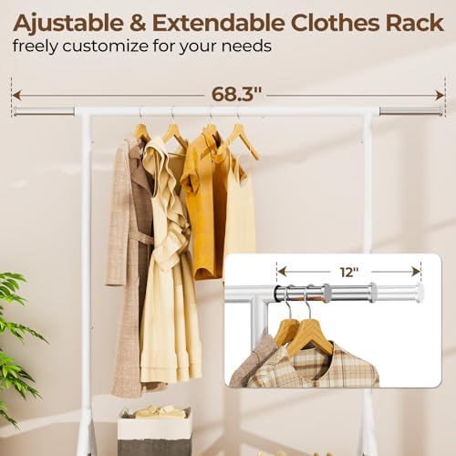 HYSEYY Heavy Duty Clothes Rack Load 450 LBS, Metal Garment Rack, Standing Rolling Clothing Rack for Hanging Clothes with Sturdy Wheels & Shelves, Portable Closet Wardrobe Rack,White - Image 3