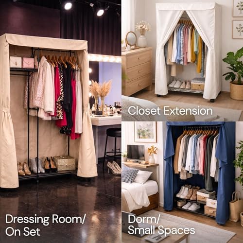 Formosa Covers Portable Garment Rolling Rack Cover - Protect Your Clothes from Dust Keep Your Room Looking Organized (Cover Only) (Beige Khaki with Dusty Blue Trim, 36" W x 14" D x 72" H) - Image 7