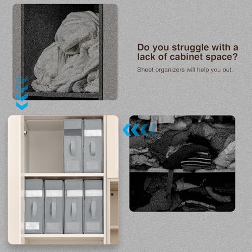 DIMJ Bed Sheet Organizers and Storage 8 Pack - Foldable Sheet Holder for Linen Bedding Storage Box for organization, Sheets Set Holder for Blanke, Towel (King & Queen Size), Grey - Image 6