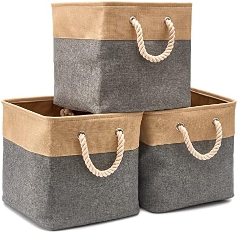 EZOWare 3-Pack Collapsible Storage Bins Basket Foldable Canvas Fabric Cubes Boxes with Handles for Kids Babies Nursery Room Toys Organizer (13 x 13 x 13 inches) - Gray and Beige by EZOWare