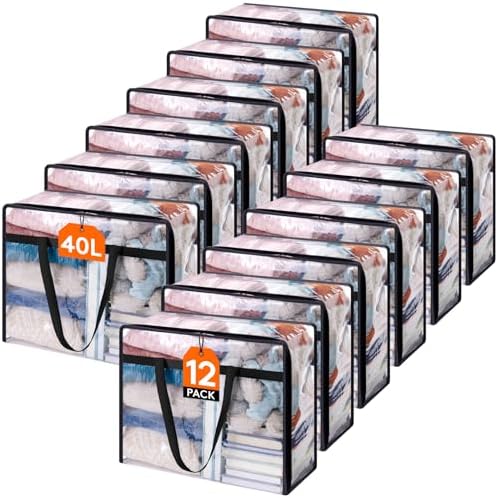 Lifewit 12 Pack Clear Clothes Storage Bags, 45L Plastic Blanket Storage Bag, Vinyl Foldable Moving Bags with Zipper, Closet Organizers and Storage Containers for Bedding, Duvet, Comforter by Lifewit