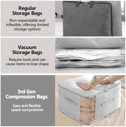 4 Pack Space Saving Comforter Storage Bag with Handle, 3-Layer Compression Blanket Storage Bags Adjustable In 3 Sizes (142L, 107L, 71L), Washable Bedding Organizer For Pillow Duvet Clothing Plush Toy - Image 7