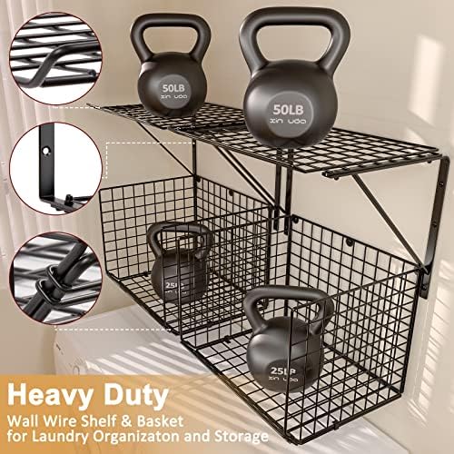 3IngSeagulls 2 Pack Laundry Room Shelves, Wire Baskets with 8 Hooks, Over Washer and Dryer Shelf, Wall Mounted Storage and Clothes Drying Rack, Black - Image 4