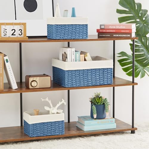 Vagusicc Wicker Basket, Set of 3 Hand-woven Storage Baskets for Organizing, Rectangle Wicker Storage Basket Bins with Handles, Small Toilet Paper Storage Baskets for Shelves & Decor, Blue - Image 4