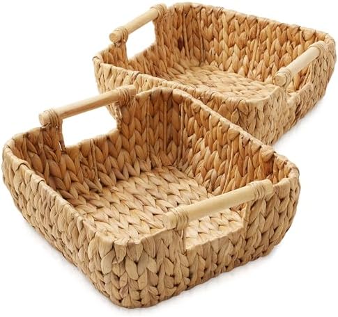 Casafield Set of 2 Water Hyacinth Oval Storage Baskets with Wooden Handles - Small, Woven Bin Organizers - Image 2