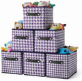 6 Pack Large Collapsible Storage Baskets for Shelves,14.9"x9.5" Fabric Closet storage Boxes with Leather Handles,Decorative Organizers Storage Bins for Clothes,Sheets,Books,(Purple Houndstooth by Yunkeeper