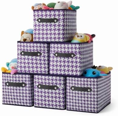 6 Pack Large Collapsible Storage Baskets for Shelves,14.9"x9.5" Fabric Closet storage Boxes with Leather Handles,Decorative Organizers Storage Bins for Clothes,Sheets,Books,(Purple Houndstooth by Yunkeeper