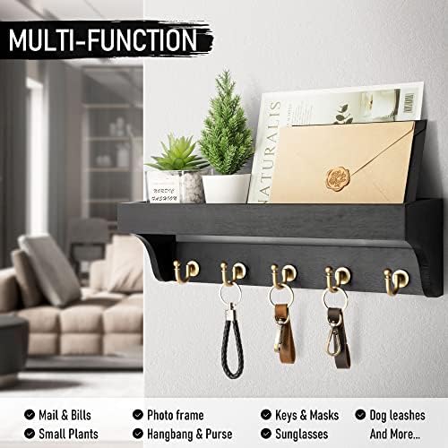 Rebee Vision Key Holder for Wall Set : 14'' Arc Key Rack with 5 Metal Hooks and 13'' Mail Organizer Basket with 6 Key Hooks, Key Hanger for Keys, Coats, Letters - Black - Image 2
