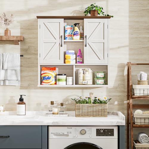 Vabches Bathroom Wall Cabinet, Farmhouse Medicine Cabinet with Double Barn Door and Adjustable Shelves, Wooden Vintage Storage Cabinet Wall Mounted for Bathroom, Kitchen Dining, Rustic White - Image 7