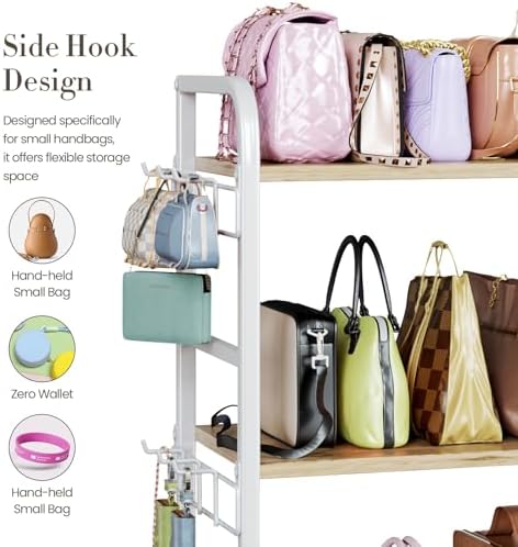 Purse Organizer for Closet, with Bottom Drawer, Extra Large Capacity 3 Tier Handbag Storage Rack for Women, 10 Purse Hanger and Hooks for Bag Organizer, Floor-Standing, Home, Living Room (Wooden) - Image 4