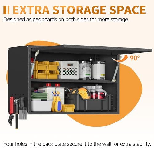 Metal Garage Wall Cabinet with Up-Flip Door, Black Float Tool Cabenit with Adjustable Shelf,Upper Storage Cabinets with Pegboard for Kitchen,Garage,Workshop,Warehouse (19.7" H,Black) - Image 3