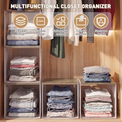 AceOrbit 3 Pcs Widened Stackable Closet Organizers and Storage with Wood Foldable Top Metal Cube Closet Shelf DIY Space Saving Linen Clothes Shoe Bed Sheet Bin for Wardrobe Bedroom(12"x12"x12", Light) - Image 3