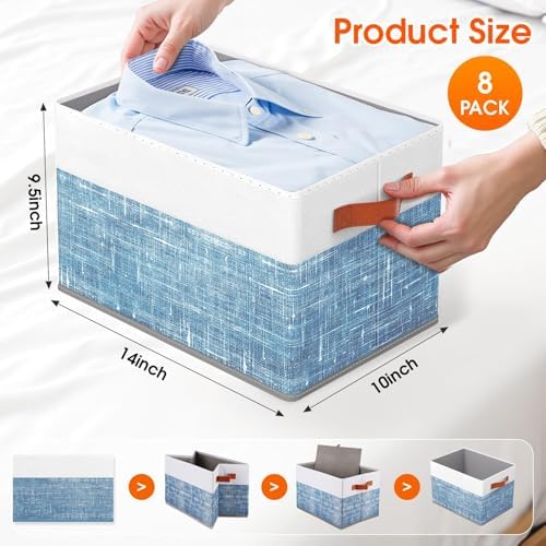 Fab totes Collapsible Storage Baskets for Shelves,14"x10", 8 Pack Foldable Fabric Storage Bins with Double Leather Handles, Large Baskets for Organizing Books, Clothes, White & Blue - Image 2