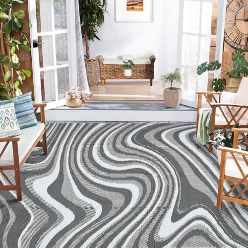 Garvee Outdoor Rug 9x12 Modern Waterproof Outdoor Plastic Straw Rug, Grey - Image 2