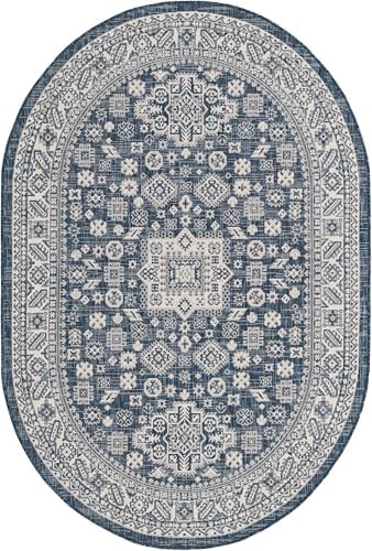Rugs.com - Outdoor Aztec Rug – 5' 3 x 8' Oval Blue Indoor/Outdoor Rug – Washable, Stain-Resistant, Perfect for Patios and Decks - Image 3