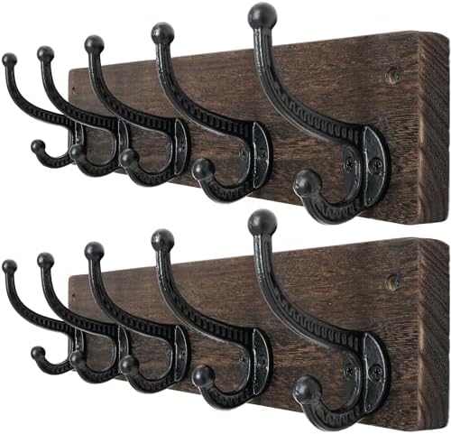 WEBI Rustic Coat Rack Wall Mount,5 Cast Iron Coat Hooks Wall Mounted,Heavy Duty Wood Wall Coat Hanger Hooks for Hanging Coats,Jacket,Clothes,Backpack,Farmhouse,Weathered Brown,2 Packs by WEBI