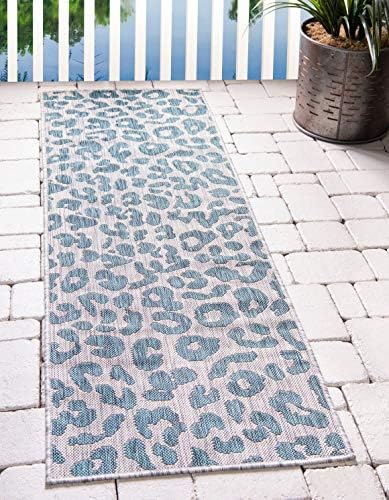 Unique Loom Outdoor Safari Collection Area Rug - Leopard (2' x 6' 1" Runner, Teal/ Ivory) by UniqueLoom